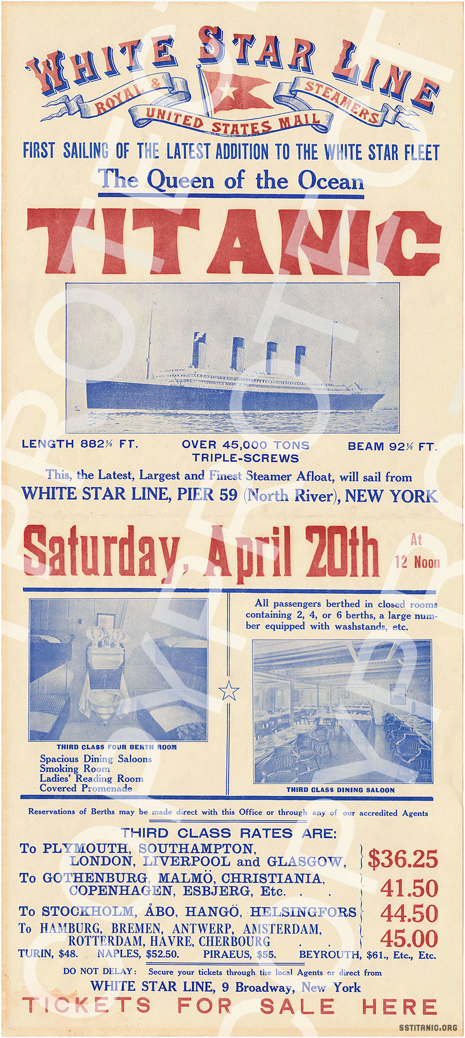 return trip voyage journey broadside advertisement poster queen of the ocean april 20th october 20 royal mail group global shipping program titanic 1912
